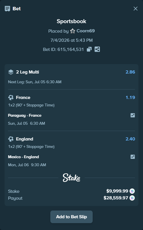 Bet slip: Mexico - England, $9,956.57 stake at 2.40 odds, placed by Coorn69