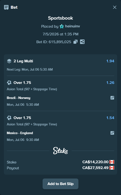 Bet slip: Mexico - England, $10,522.80 stake at 1.54 odds, placed by heinuinv