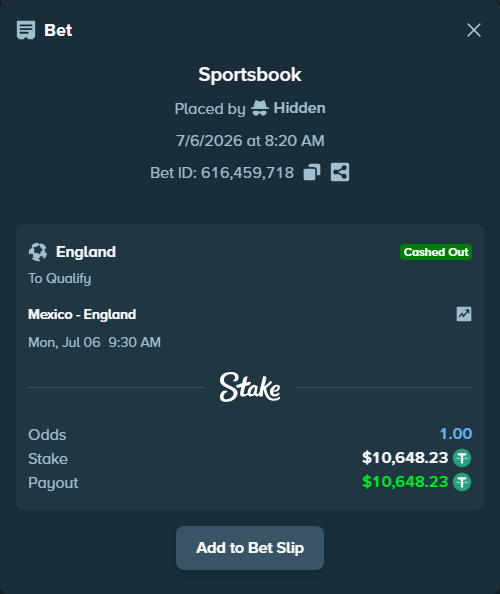 Bet slip: Mexico - England, $10,658.88 stake at 1.77 odds, placed by Bnmilionaire