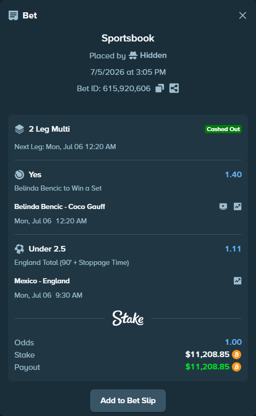 Bet slip: Mexico - England, $11,232.10 stake at 1.11 odds, placed by Hidden