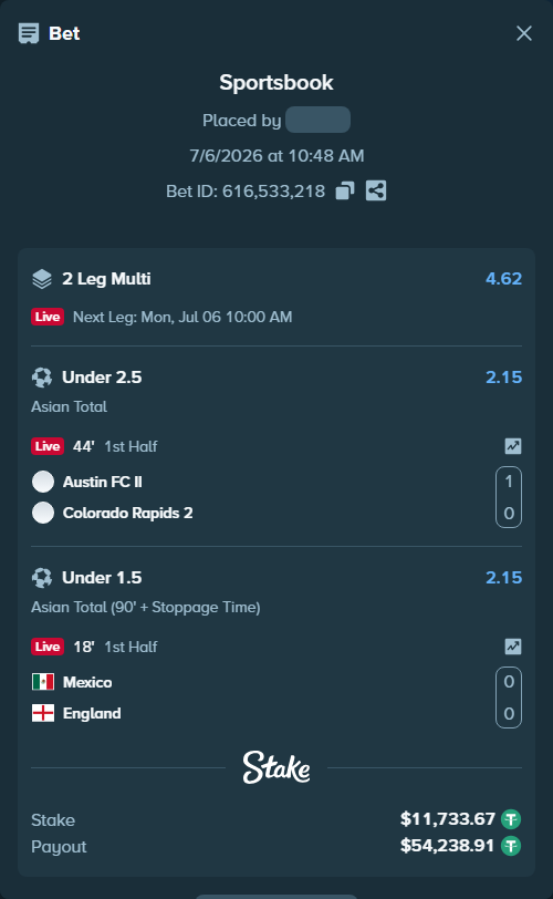 Bet slip: Mexico - England, $11,745.41 stake at 2.15 odds, placed by AsTraL11
