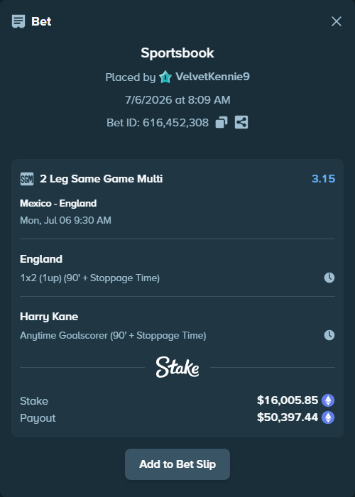 Bet slip: Mexico - England, $15,705.42 stake at 1.79 odds, placed by VelvetKennie9