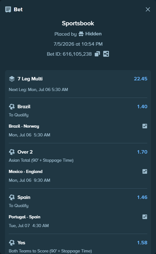 Bet slip: Mexico - England, $19,999.00 stake at 1.70 odds, placed by Hidden