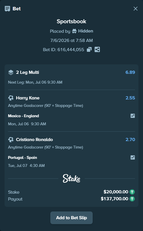 Bet slip: Mexico - England, $20,020.00 stake at 2.55 odds, placed by Hidden