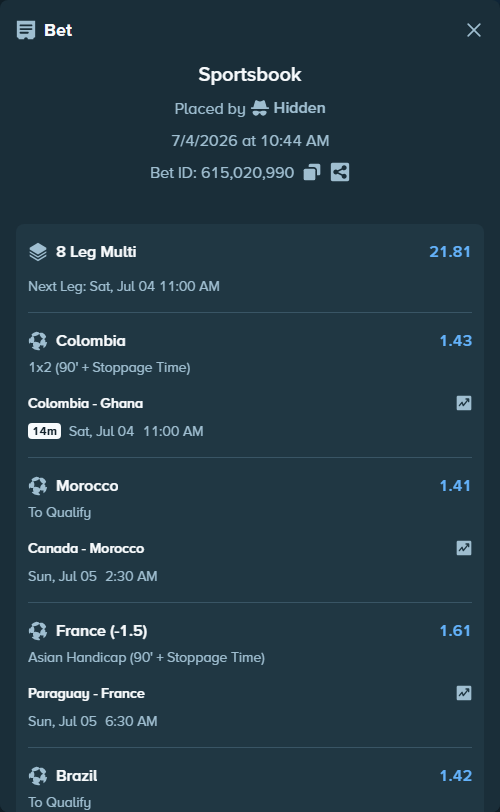 Bet slip: Mexico - England, $20,168.00 stake at 1.76 odds, placed by Hidden