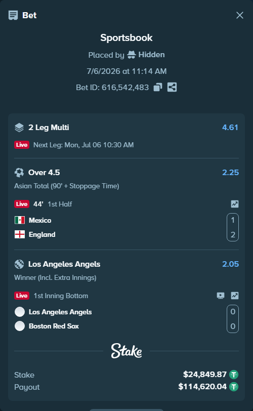 Bet slip: Mexico - England, $24,874.72 stake at 2.25 odds, placed by Hidden