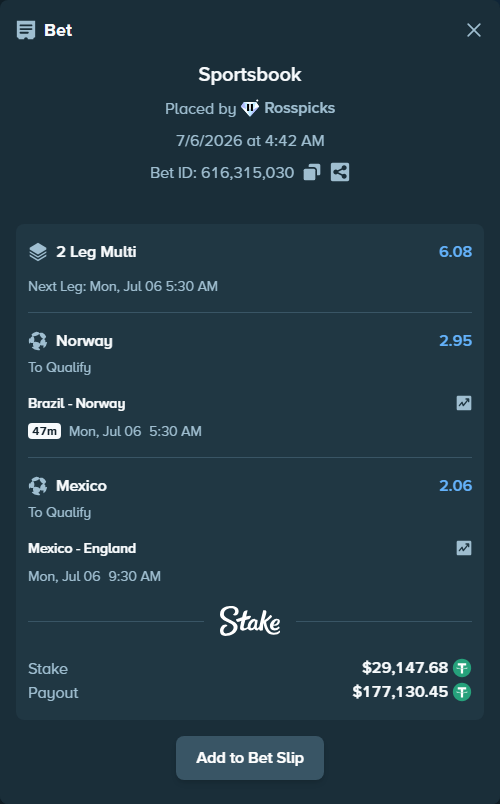 Bet slip: Mexico - England, $29,176.83 stake at 2.06 odds, placed by Rosspicks