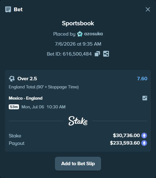 Bet slip: Mexico - England, $32,734.27 stake at 7.60 odds, placed by azosuka