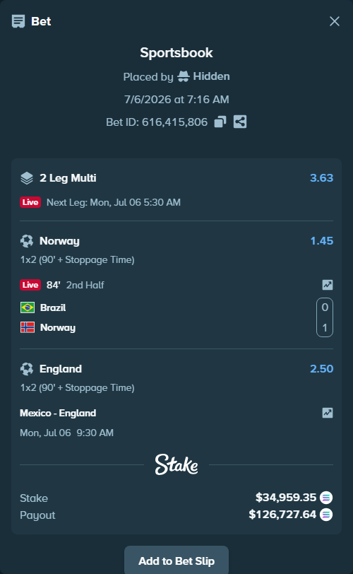 Bet slip: Mexico - England, $31,248.10 stake at 2.50 odds, placed by Hidden