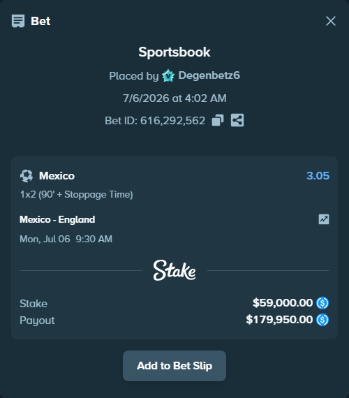 Bet slip: Mexico - England, $59,000.00 stake at 3.05 odds, placed by Degenbetz6