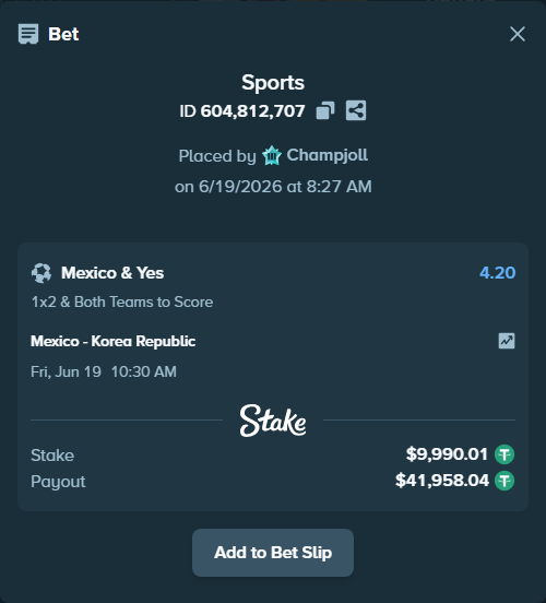 Bet slip: Mexico - Korea Republic, $10,000.00 stake at 4.20 odds, placed by Champjoll