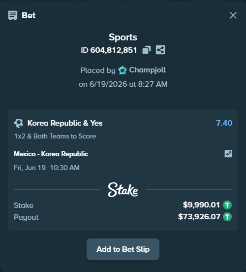 Bet slip: Mexico - Korea Republic, $10,000.00 stake at 7.40 odds, placed by Champjoll
