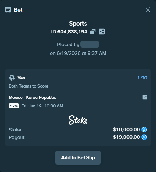Bet slip: Mexico - Korea Republic, $10,000.00 stake at 1.90 odds, placed by tmflrm