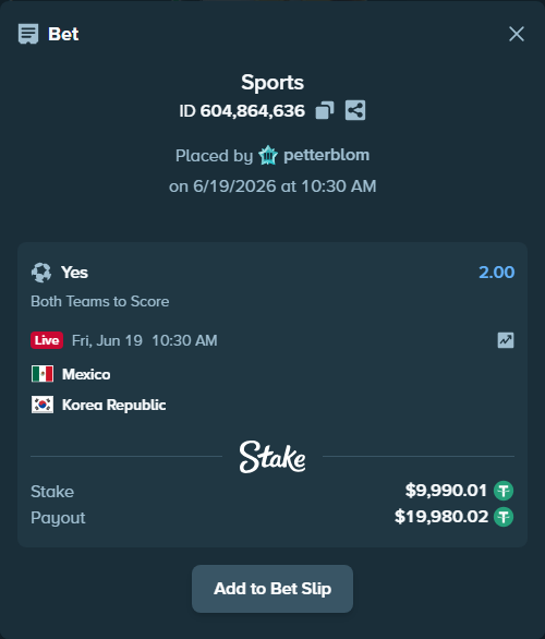 Bet slip: Mexico - Korea Republic, $10,000.00 stake at 2.00 odds, placed by petterblom