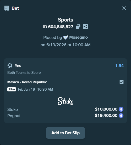 Bet slip: Mexico - Korea Republic, $9,245.63 stake at 1.94 odds, placed by Masegino