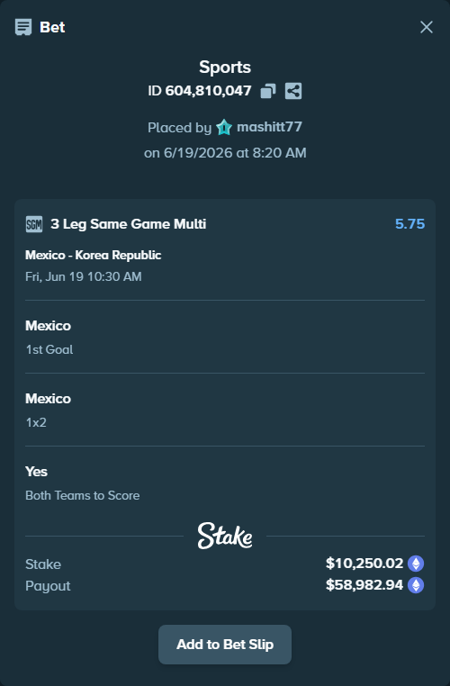 Bet slip: Mexico - Korea Republic, $9,515.64 stake at 1.76 odds, placed by mashitt77