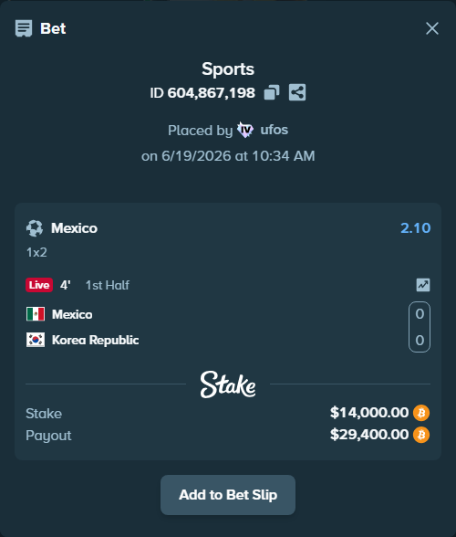Bet slip: Mexico - Korea Republic, $14,309.52 stake at 2.10 odds, placed by ufos