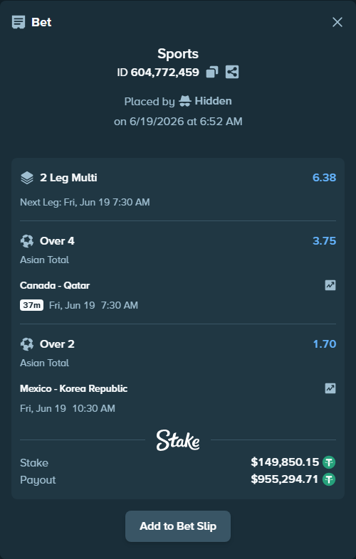Bet slip: Mexico - Korea Republic, $150,000.00 stake at 1.70 odds, placed by Hidden