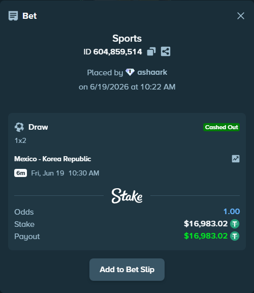 Bet slip: Mexico - Korea Republic, $17,000.00 stake at 3.20 odds, placed by ashaark