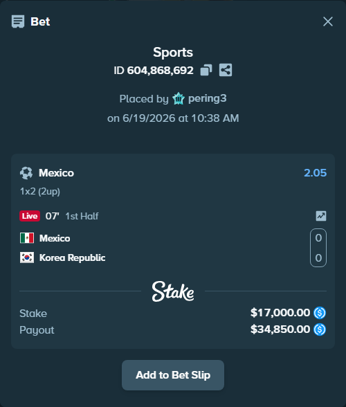 Bet slip: Mexico - Korea Republic, $17,000.00 stake at 2.05 odds, placed by pering3