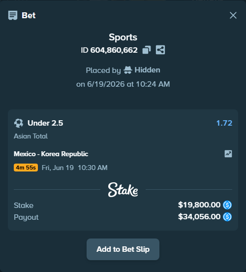 Bet slip: Mexico - Korea Republic, $19,800.00 stake at 1.72 odds, placed by Igorko999