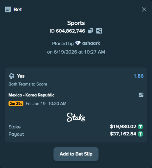 Bet slip: Mexico - Korea Republic, $20,000.00 stake at 1.86 odds, placed by ashaark