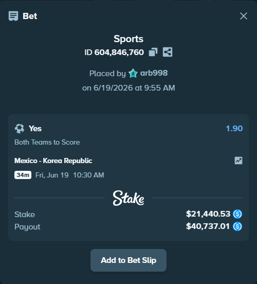 Bet slip: Mexico - Korea Republic, $21,440.53 stake at 1.90 odds, placed by arb998