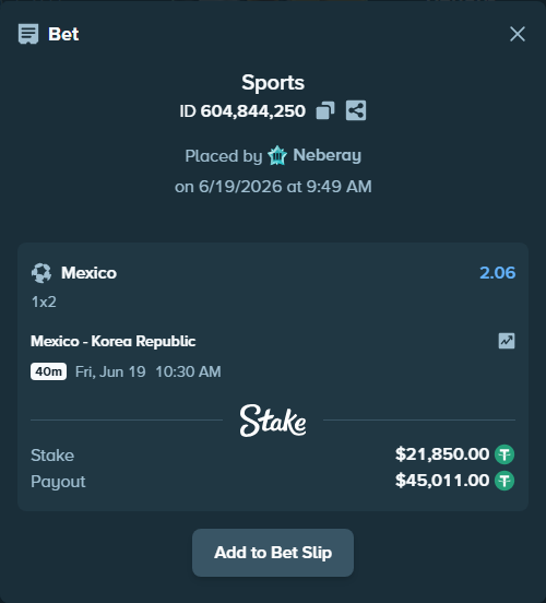 Bet slip: Mexico - Korea Republic, $21,871.85 stake at 2.06 odds, placed by Neberay
