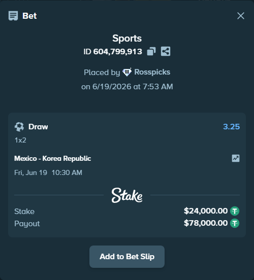 Bet slip: Mexico - Korea Republic, $24,024.00 stake at 3.25 odds, placed by Rosspicks