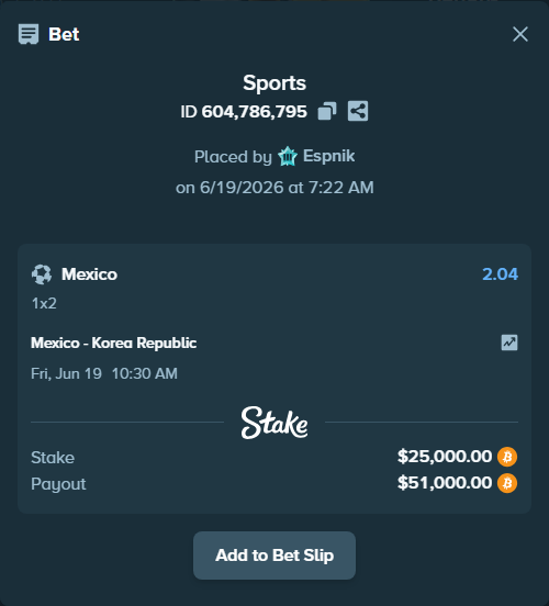 Bet slip: Mexico - Korea Republic, $23,958.07 stake at 2.04 odds, placed by Espnik