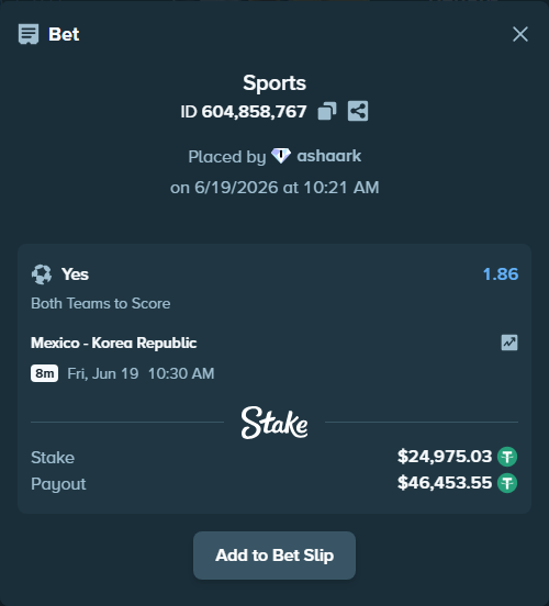 Bet slip: Mexico - Korea Republic, $25,000.00 stake at 1.86 odds, placed by ashaark