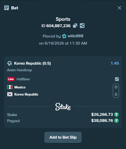 Bet slip: Mexico - Korea Republic, $26,293.00 stake at 1.45 odds, placed by wills888