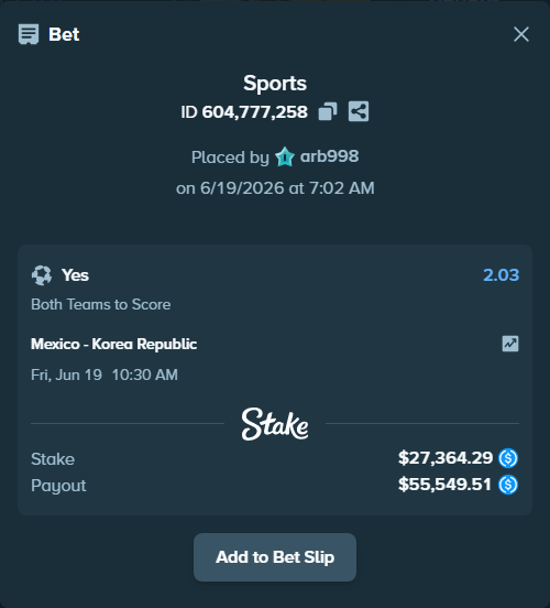 Bet slip: Mexico - Korea Republic, $27,364.29 stake at 2.03 odds, placed by arb998