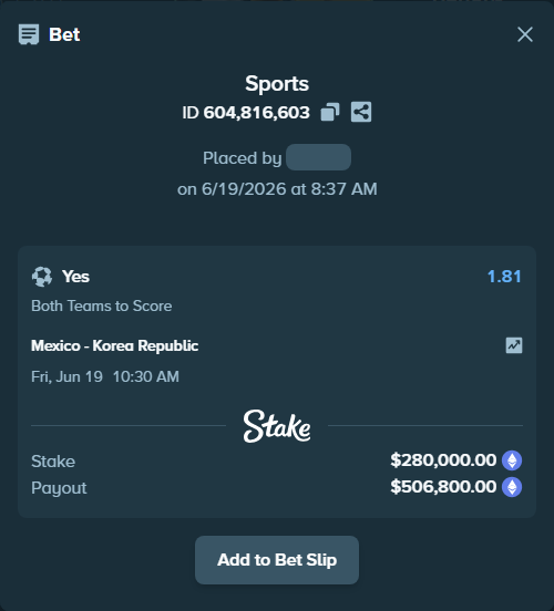 Bet slip: Mexico - Korea Republic, $259,761.94 stake at 1.81 odds, placed by gemcabal