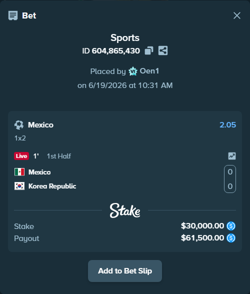 Bet slip: Mexico - Korea Republic, $30,000.00 stake at 2.05 odds, placed by Oen1