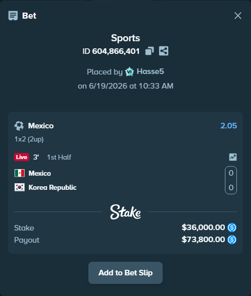Bet slip: Mexico - Korea Republic, $36,000.00 stake at 2.05 odds, placed by Hasse5