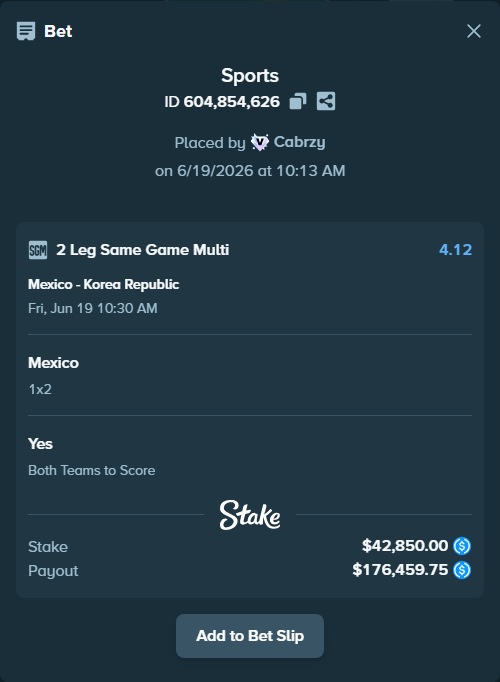 Bet slip: Mexico - Korea Republic, $42,850.00 stake at 2.06 odds, placed by Cabrzy