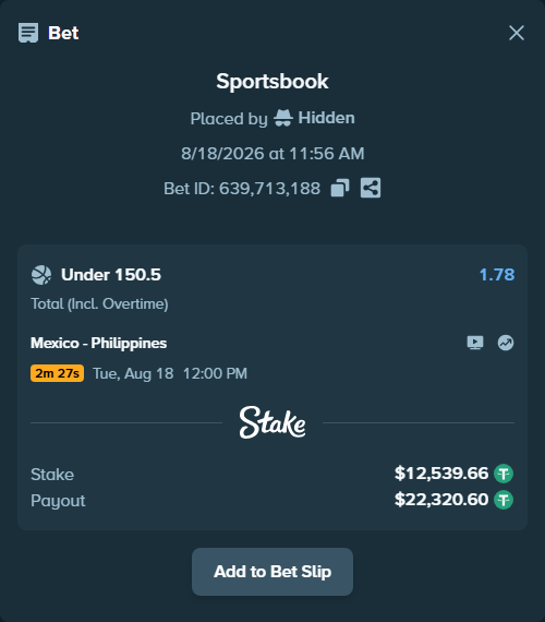 Bet slip: Mexico - Philippines, $12,552.20 stake at 1.78 odds, placed by Hidden