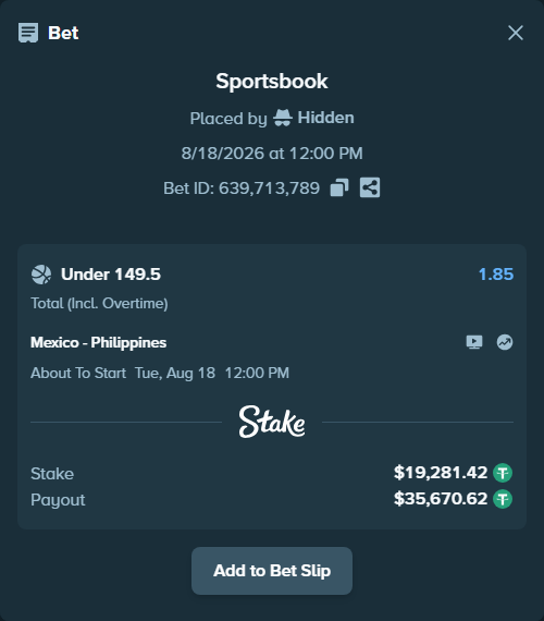 Bet slip: Mexico - Philippines, $19,300.70 stake at 1.85 odds, placed by Hidden