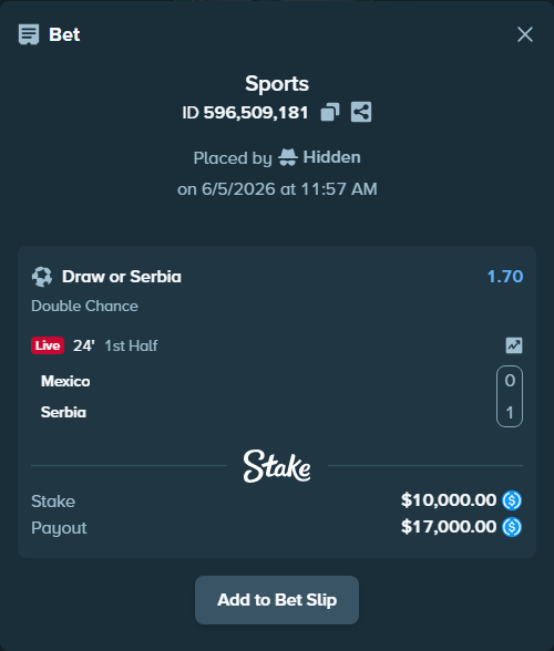 Bet slip: Mexico - Serbia, $10,000.00 stake at 1.70 odds, placed by Hidden