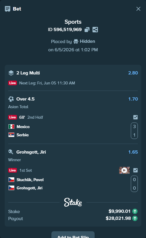 Bet slip: Mexico - Serbia, $10,000.00 stake at 1.70 odds, placed by Hidden