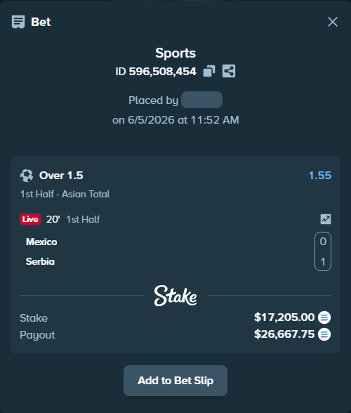 Bet slip: Mexico - Serbia, $18,503.23 stake at 1.55 odds, placed by Tofst4ust