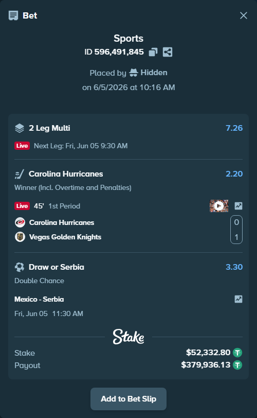 Bet slip: Mexico - Serbia, $52,385.13 stake at 3.30 odds, placed by Hidden