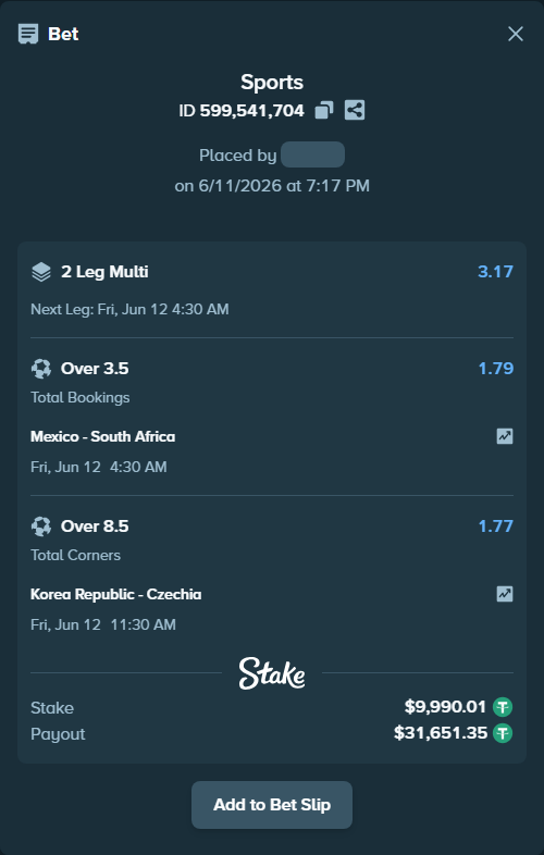 Bet slip: Mexico - South Africa, $10,000.00 stake at 1.79 odds, placed by FirePawar