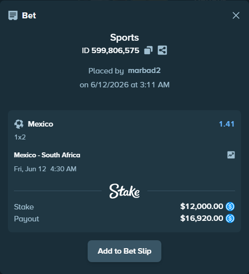 Bet slip: Mexico - South Africa, $12,000.00 stake at 1.41 odds, placed by marbad2