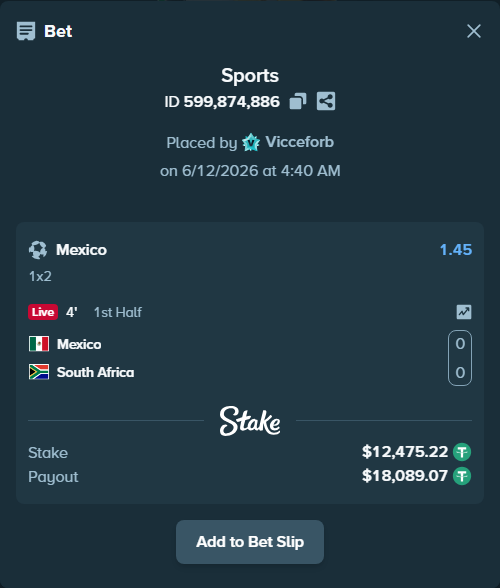 Bet slip: Mexico - South Africa, $12,487.70 stake at 1.45 odds, placed by Vicceforb