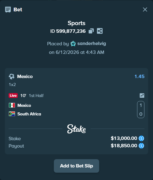 Bet slip: Mexico - South Africa, $13,000.00 stake at 1.45 odds, placed by sanderhelvig