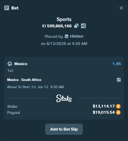 Bet slip: Mexico - South Africa, $13,295.68 stake at 1.45 odds, placed by ArvaPandaM