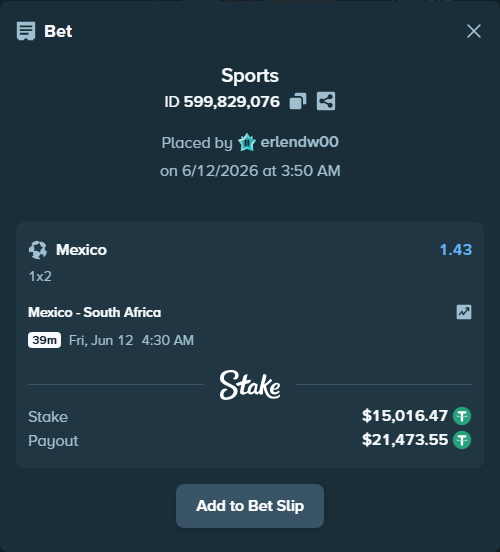 Bet slip: Mexico - South Africa, $15,031.49 stake at 1.43 odds, placed by erlendw00
