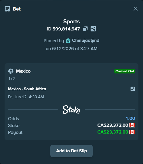Bet slip: Mexico - South Africa, $17,295.28 stake at 1.42 odds, placed by Chinujaatjind